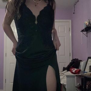Floor length green lace prom dress